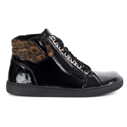 Dámské minimalistické barefoot zimní kožené boty 1293 černý lak s leopardím potiskem 