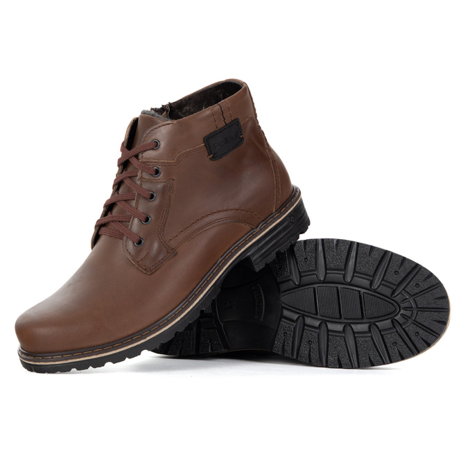 Męskie buty zimowe trzewiki skórzane J35S brązowe