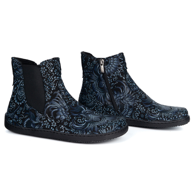 Damskie buty barefoot sztyblety z zamkiem ocieplane 1263 wzory granatowe