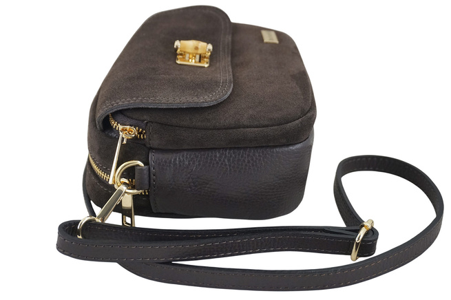 Malá semišová poštovní taška se zlatým zapínáním - Hnědá tmavá