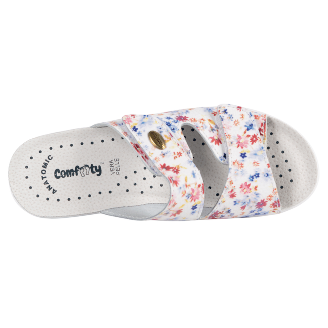 Buty skórzane damskie klapki regulowane medyczne GIULIA w kwiaty