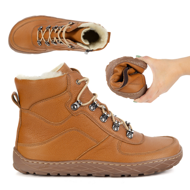 Dámské zimní kožené zateplené boty na zip barefoot rude1292