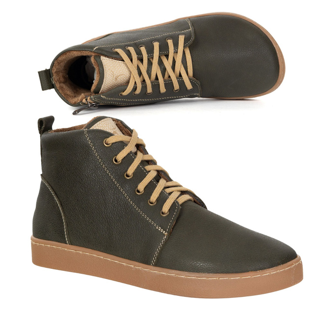 Buty damskie zimowe barefoot skórzane Z-B04 oliwka