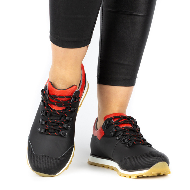 Buty damskie trekkingowe skórzane na membranie 05-0195-42 czarne z czerwonym