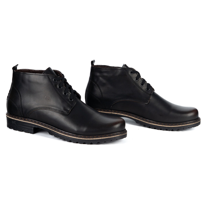 Trzewiki męskie z naturalnej skóry POLBUT 2119S zimowe obuwie miejskie czarne z brązem