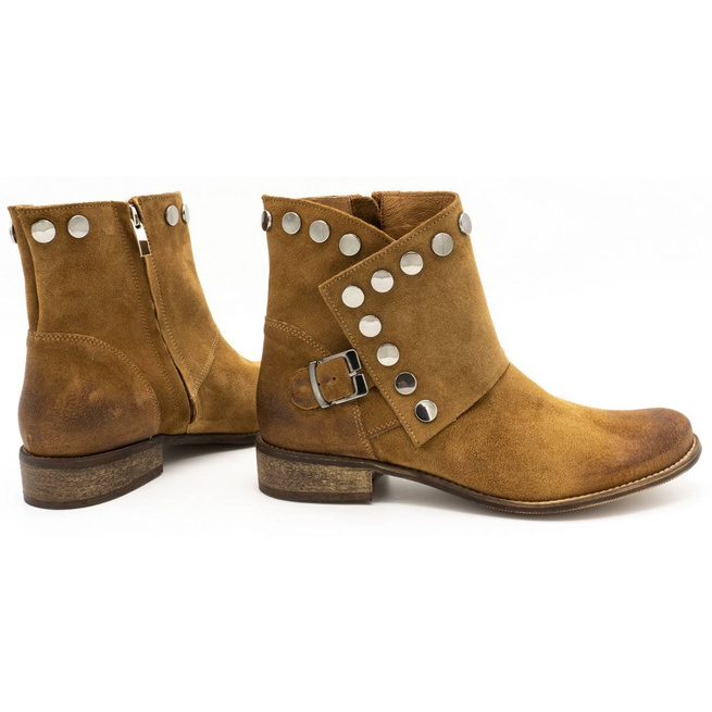 Skórzane botki damskie z ćwiekami 1198 camel