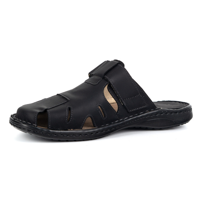 Skórzane klapki męskie Wasak na rzep 0223W czarne