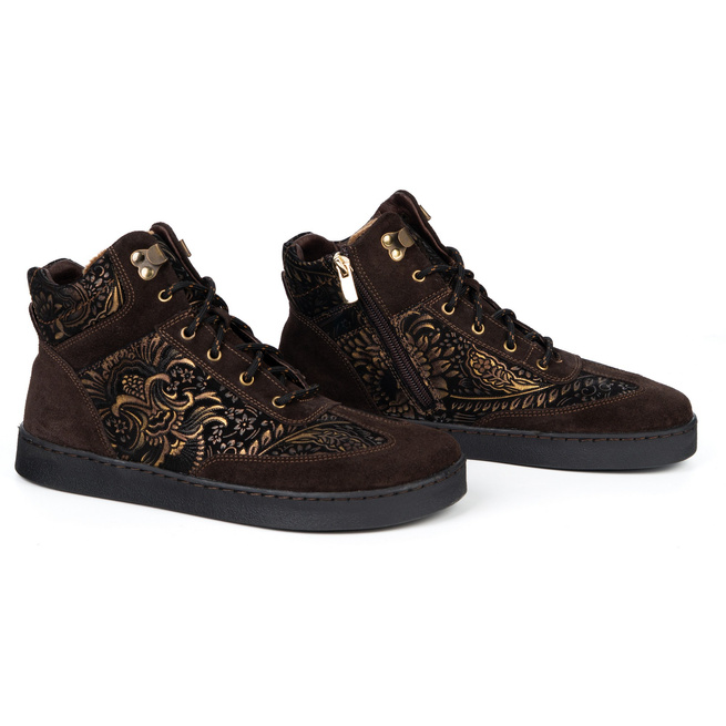 Buty BAREFOOT damskie zimowe 201MP ocieplane skórzane brąz welur we wzory