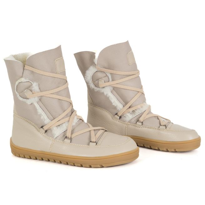 Botki damskie BAREFOOT skórzane 1802 beżowe+naturalny baran