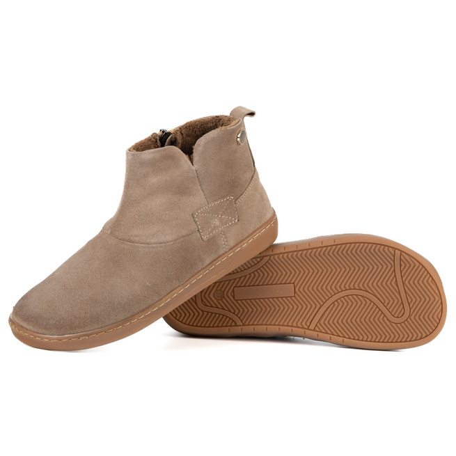 Buty damskie zimowe barefoot skórzane Z-B07 beżowe welurowe na zamek