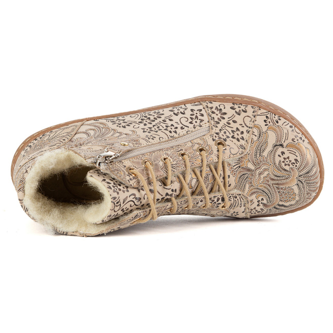 Damskie minimalistyczne buty skórzane zimowe barefoot 1293 beż w etniczne wzory