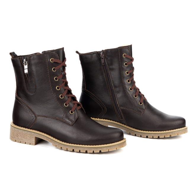 Damskie botki Lauren skóra naturalna ocieplane wełną ciemno brązowe