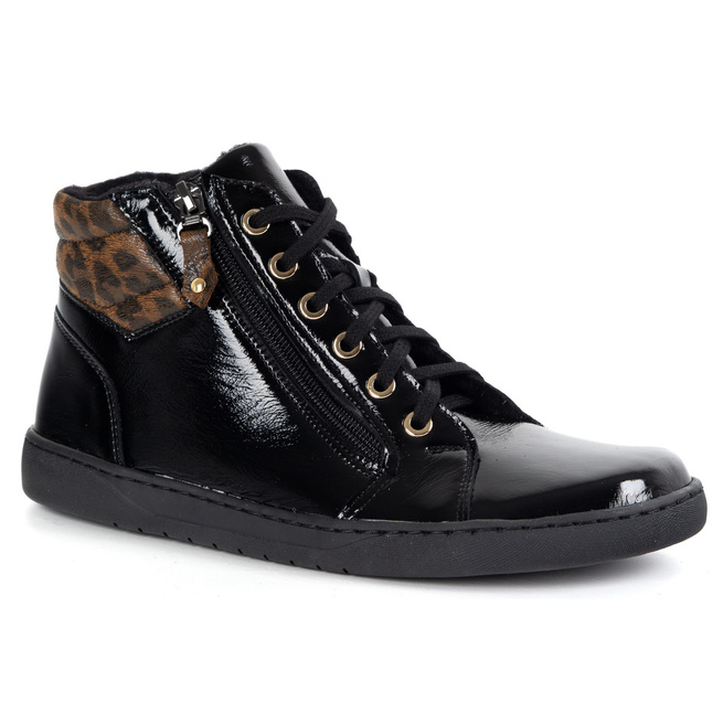 Dámské minimalistické barefoot zimní kožené boty 1293 černý lak s leopardím potiskem 