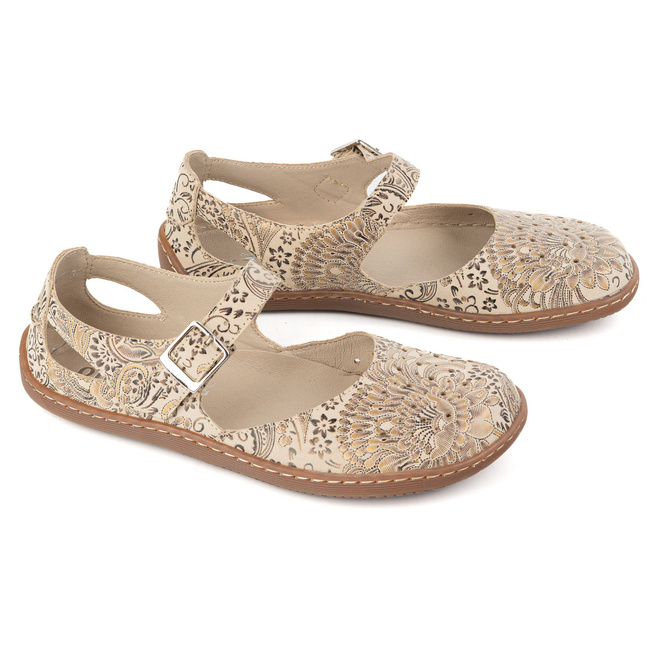 Damskie buty barefoot ze skóry naturalnej z printem 1284 beżowe