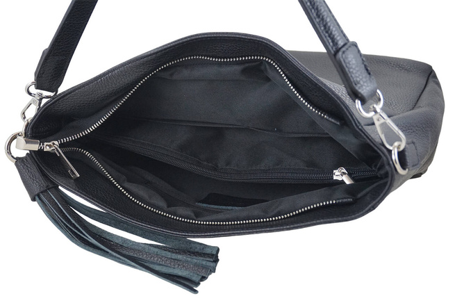 Pojemna skórzana torba z frędzlem - Czarna