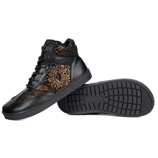 Buty BAREFOOT damskie zimowe 201MP ocieplane skórzane czarne lico we wzory