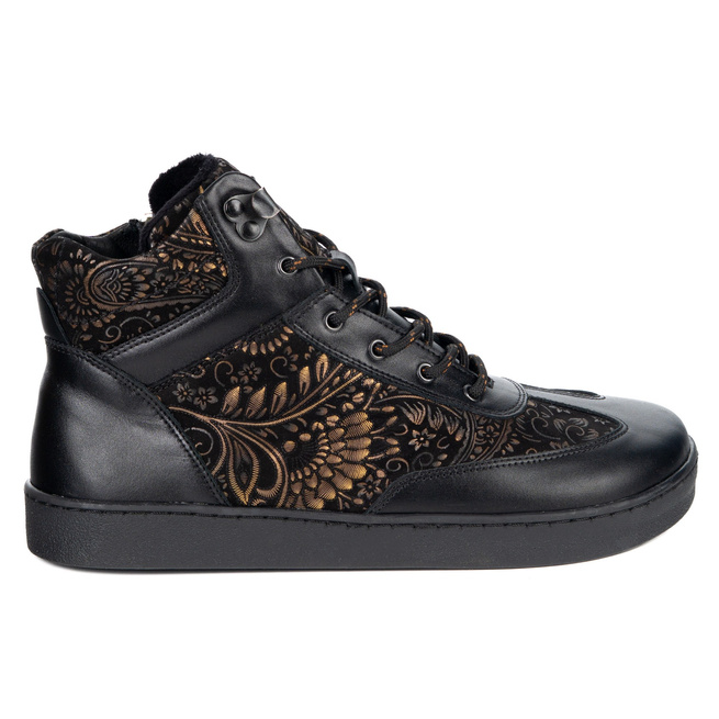 Buty BAREFOOT damskie zimowe 201MP ocieplane skórzane czarne lico we wzory