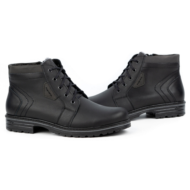 Buty męskie zimowe skórzane J34S Czarne z szarym