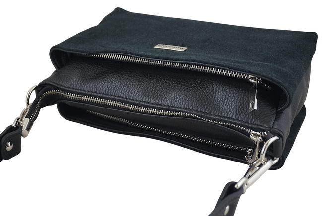 Pojemna torebka listonoszka ze skóry i zamszu - Czarna