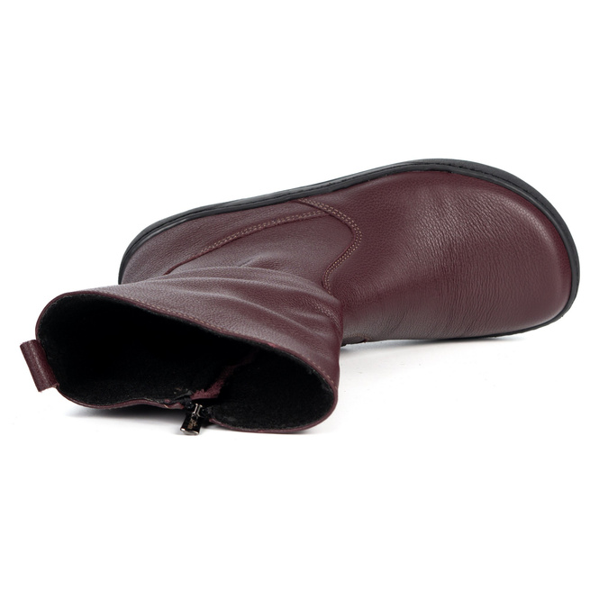 Buty Damskie botki BAREFOOT skórzane ocieplane Freja polskie bordowe lico