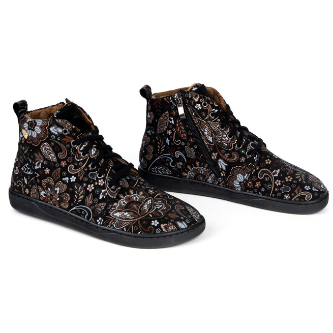 Buty damskie zimowe barefoot skórzane Z-B04 czarne w brązowe wzory