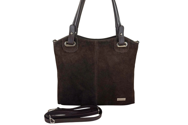 Duża elegancka torebka z naturalnej skóry i zamszu - Brązowa ciemna