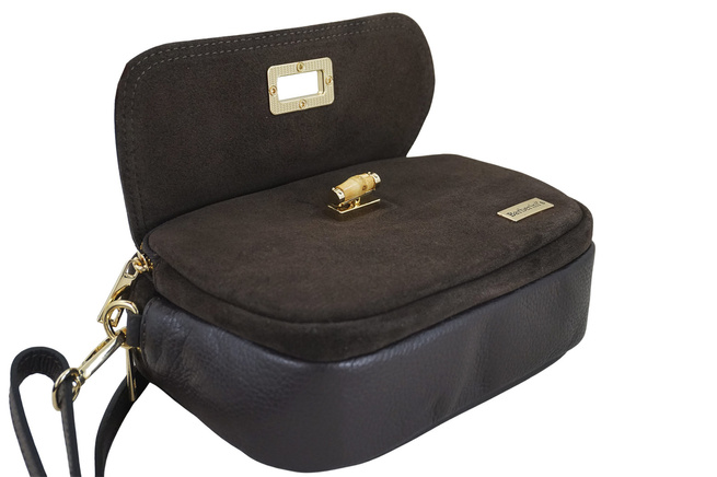 Mała zamszowa listonoszka ze złotym zapięciem - Brązowa ciemna