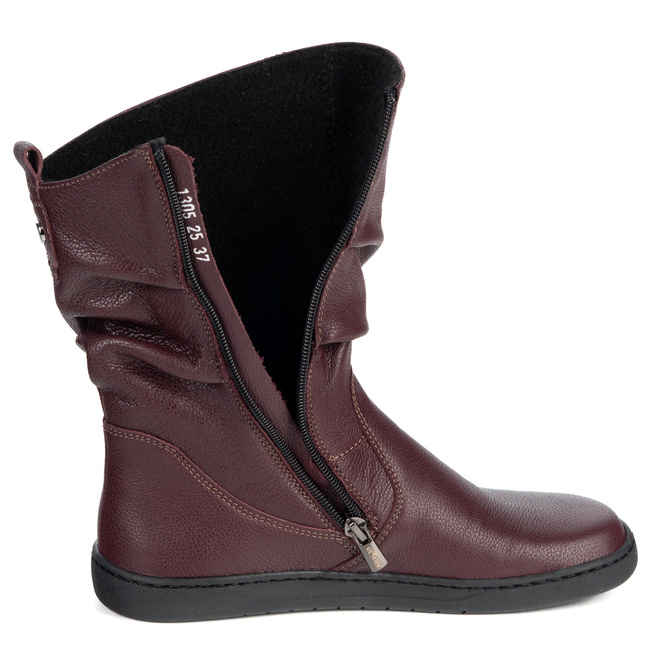 Buty Damskie botki BAREFOOT skórzane ocieplane Freja polskie bordowe lico