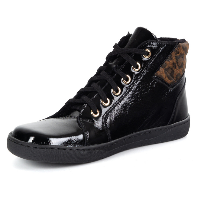 Dámské minimalistické barefoot zimní kožené boty 1293 černý lak s leopardím potiskem 
