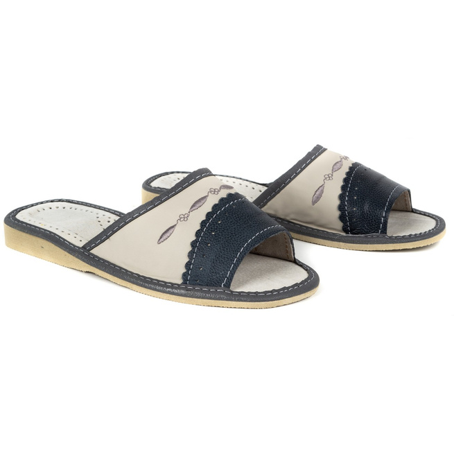 Dámské kožené pantofle Highlander M76 ecru s šedou barvou