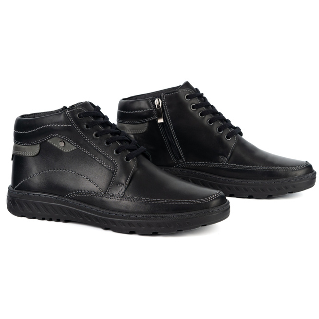 Trzewiki męskie ocieplane 964 czarne skórzane wiązane na zamek