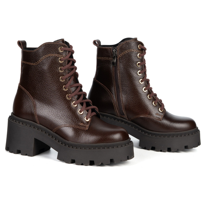 Dámské kožené boty Olivier 404BB šněrovací post se zipem hnědé