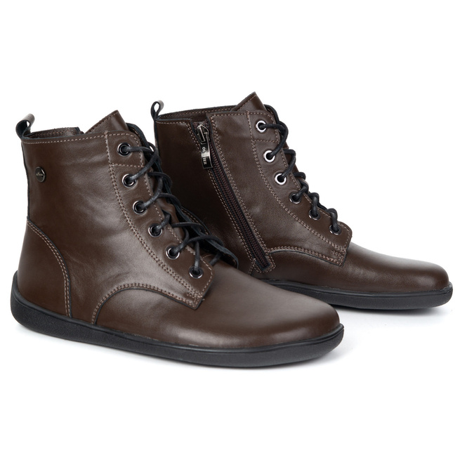 BAREFOOT dámské kožené boty 1795POL - zateplené, šněrovací se zipem, hnědý povrch