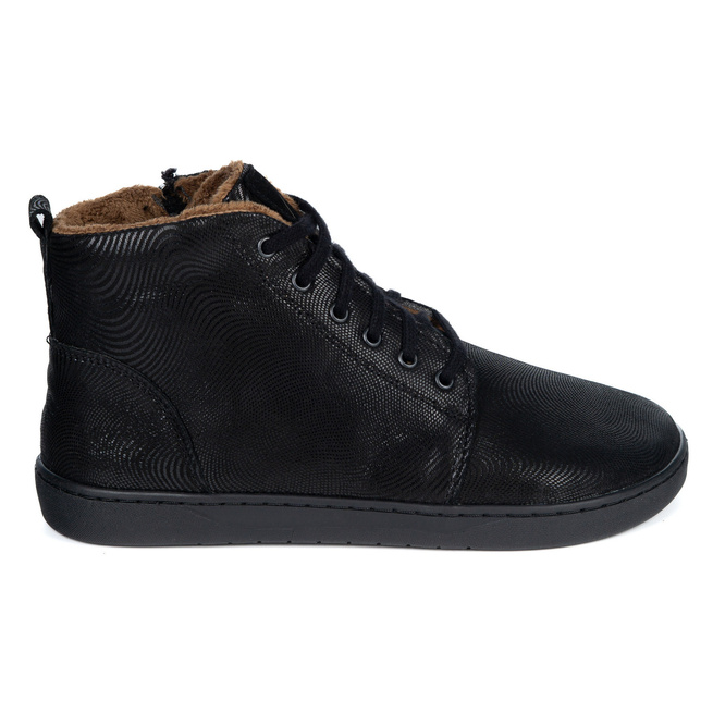 Damskie buty barefoot zimowe skórzane ZB04 ocieplane obuwie minimalistyczne czarne fala