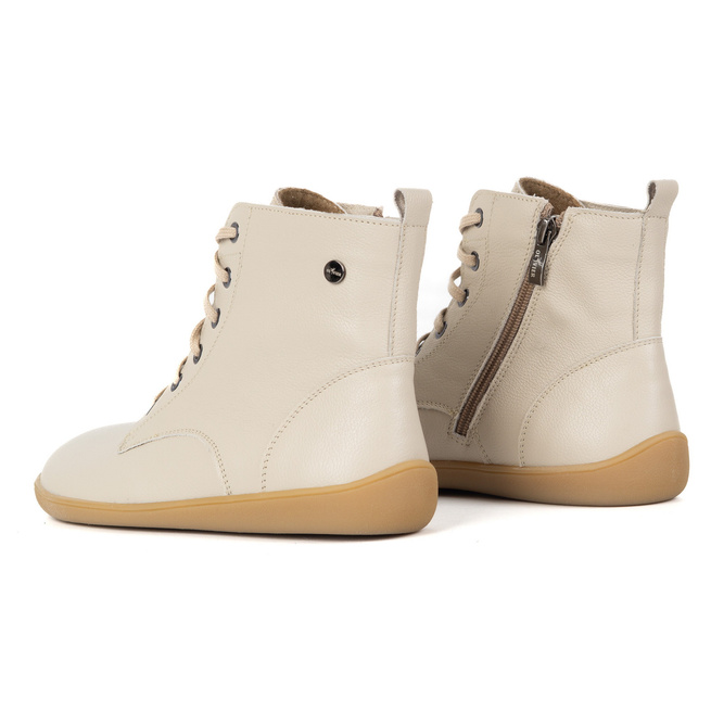 BAREFOOT dámské kožené boty 1795POL - zateplené, šněrovací se zipem béžové barvy