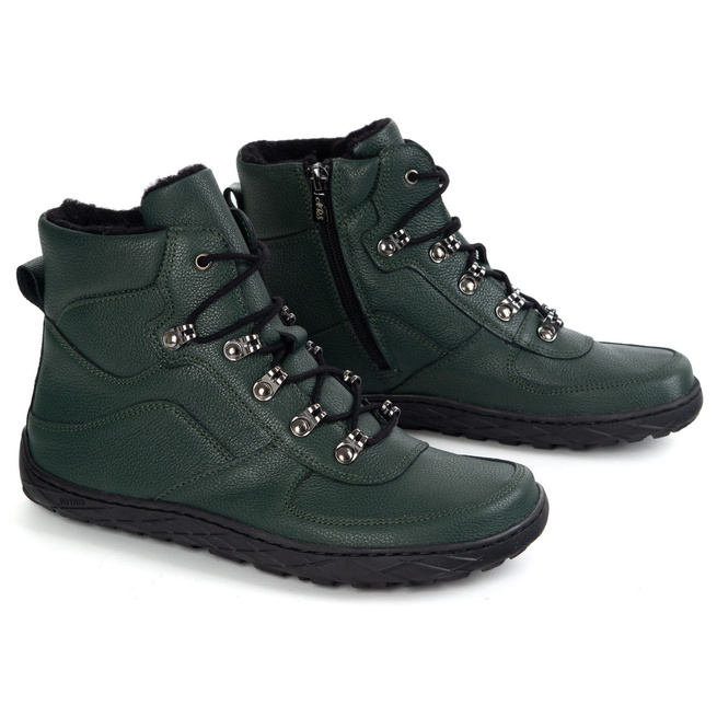 Buty barefoot zimowe damskie skórzane ocieplane wełną 1292 zielone