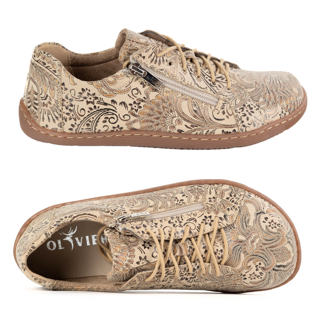 Dámská minimalistická kožená obuv barefoot model perforovaná 1243 beige ethnic