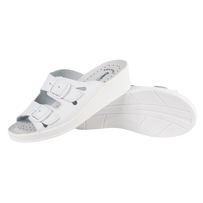 Anatomiczne medyczne klapki damskie regulowane skórzane MIA białe