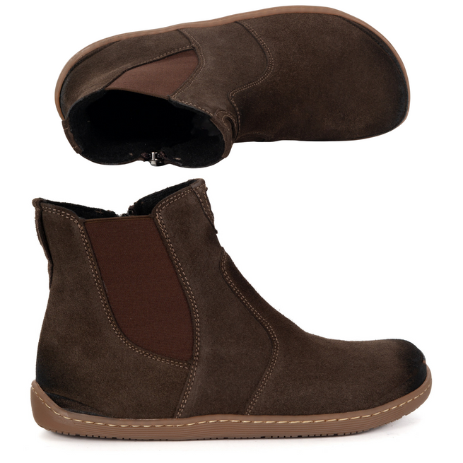 Damskie buty barefoot sztyblety z zamkiem ocieplane 1263 brązowe welur