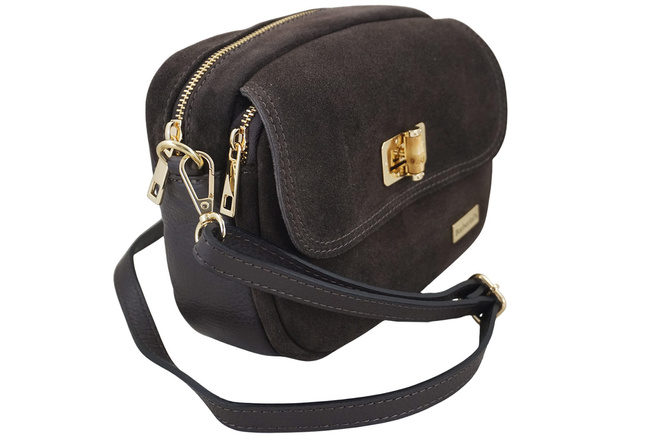 Mała zamszowa listonoszka ze złotym zapięciem - Brązowa ciemna