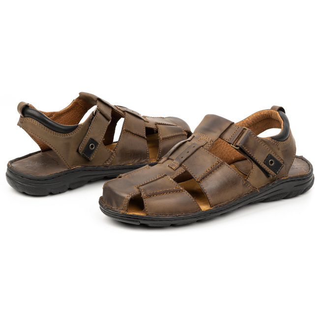 Pánské kožené sandály na suchý zip 948Ł hnědé