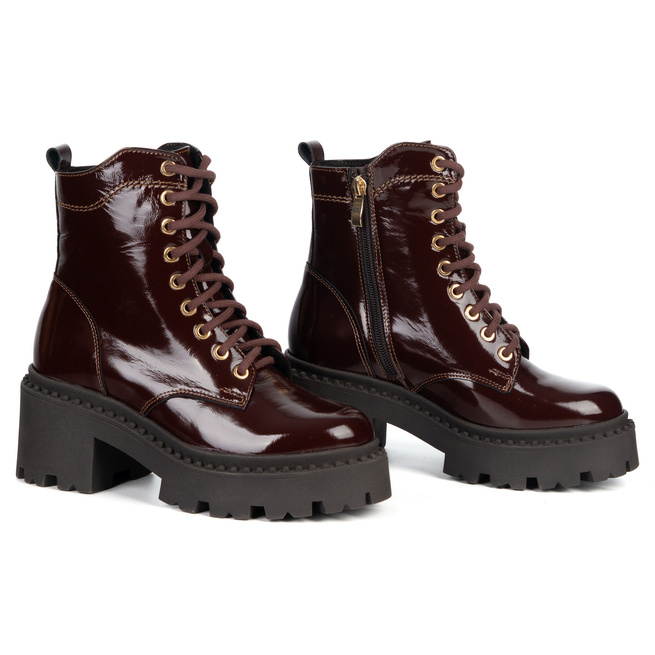 Botki damskie skórzane Olivier 404BB sznurowane na słupku z zamkiem bordowe