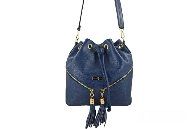 Torebka damska - worek z frędzlami - Granatowa jasna