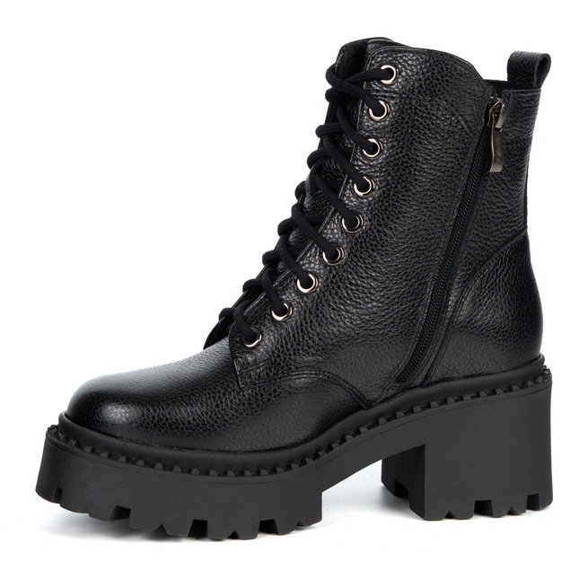Botki damskie skórzane Olivier 404BB sznurowane na słupku z zamkiem czarne