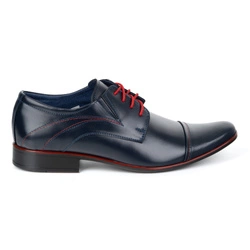 Buty męskie wizytowe granatowe 238lu skórzane z czerwonymi sznurówkami