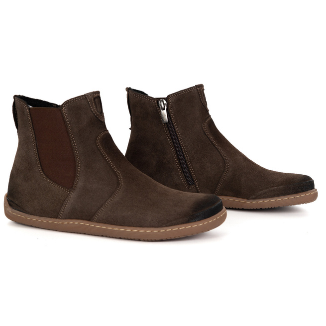Damskie buty barefoot sztyblety z zamkiem ocieplane 1263 brązowe welur
