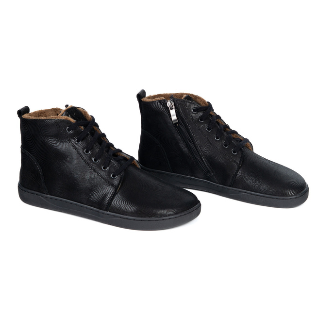 Damskie buty barefoot zimowe skórzane ZB04 ocieplane obuwie minimalistyczne czarne fala