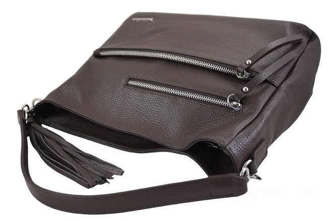 Pojemna skórzana torba z frędzlem - Brązowa ciemna