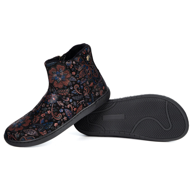 Damskie botki barefoot zimowe skórzane ocieplane futerkiem Olivier 202MP czarne w kwiaty