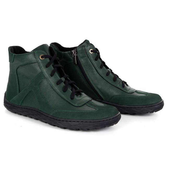 Damskie zimowe buty skórzane barefoot 1294 minimalistyczne zielone